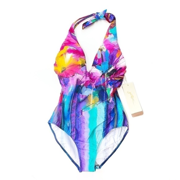 Gottex Halter Neck Swimsuit Bathing Suit Multicolor Italian Summer Size 8 NWT - Picture 1 of 9